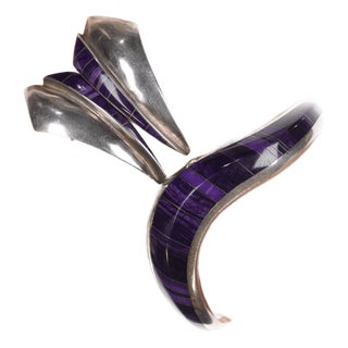 6 3/8" Sterling/14k Sugilite Channel Inlay Cuff Bracelet and Earrings For Sale