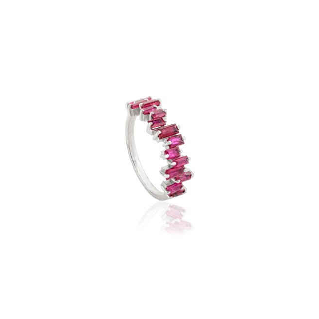 Art Deco Baguette Cut Ruby Gemstone Ring in 14k White Gold Size 5.5 For Sale - Image 3 of 10