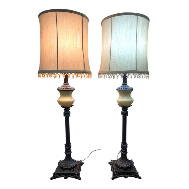 1970s Pair of Vintage Neoclassical Table Lamps With Ornate Metal Bases and Fabric Shades For Sale - Image 4 of 11