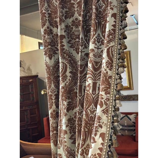 Traditional Brown and Light Blue Brocade Curtains For Sale - Image 3 of 5