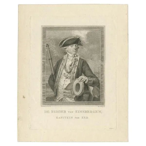 Antique portrait titled 'De Ridder van Kinsbergen, Kapitein ter Zee'. Portrait of the Dutch naval commander Van...