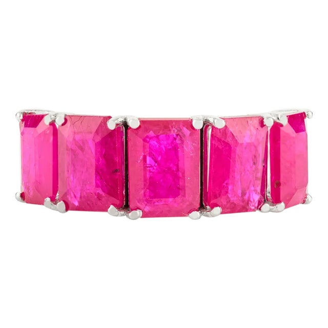 Contemporary Octagon Cut Ruby 14k Gold Half Eternity Band Size 5.5 For Sale