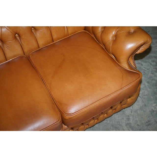 Brown Small Wide Tan Leather Tufted Chesterfield Sofa with High Back For Sale - Image 8 of 18