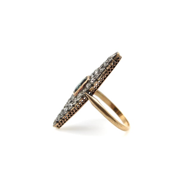 19th Century 14k Gold Early Victorian Navette Ring With Pave Diamonds and Central Sapphire, Size 8.25 For Sale - Image 4 of 8