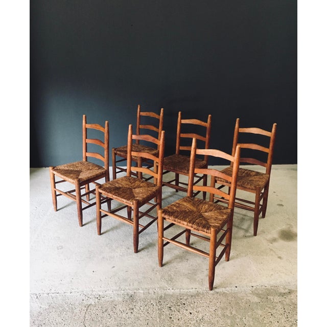 Rustic Low Rustic Ladder Back Dining Chairs in Oak and Rush, Belgium, 1950s, Set of 6 For Sale - Image 3 of 18