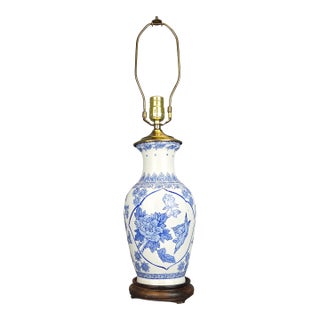 Vintage Blue and White Chinoiserie Porcelain Vase Lamp With Birds Flowers and Butterflies For Sale