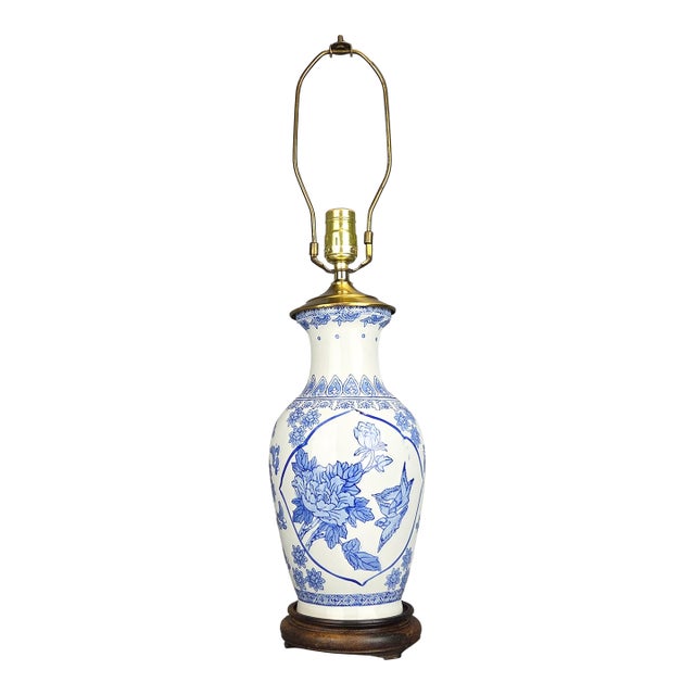 Vintage Blue and White Chinoiserie Porcelain Vase Lamp With Birds Flowers and Butterflies For Sale