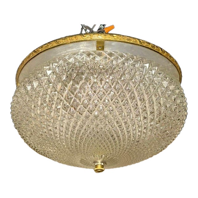 Early 20th Century French Cut Glass and Gilt Brass Flush Mount Chandelier For Sale