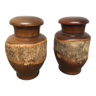 1970’s Vintage Chinese Live Edge Wood Turned Small Lidded Urns -A Pair For Sale