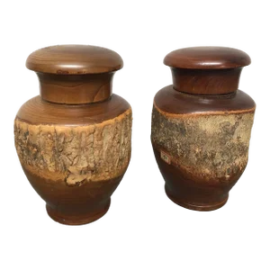 1970’s Vintage Chinese Live Edge Wood Turned Small Lidded Urns -A Pair