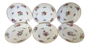 1820 French Empire Porcelain Dinner Plates with Hand Painted Floral Sprigs & Gilt Rim - Set of 6
