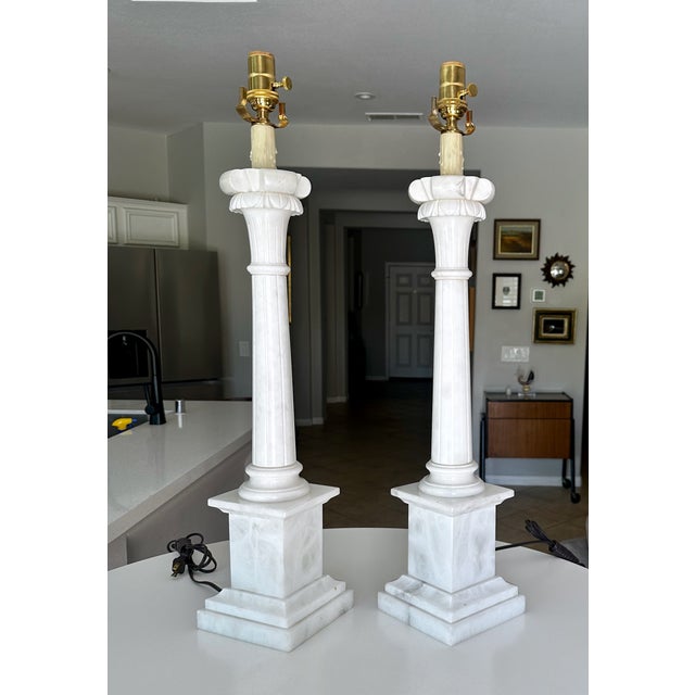 1960s Tall Italian Column Neoclassic Alabaster Table Lamps - a Pair For Sale - Image 10 of 18