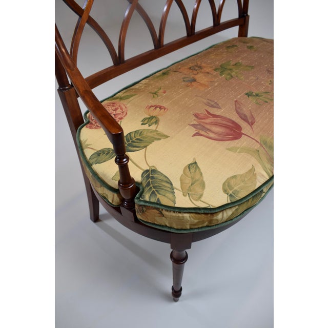 Mahogany Sheraton Style Caned Settee With Floral Silk Cushion, 1990s For Sale - Image 10 of 14