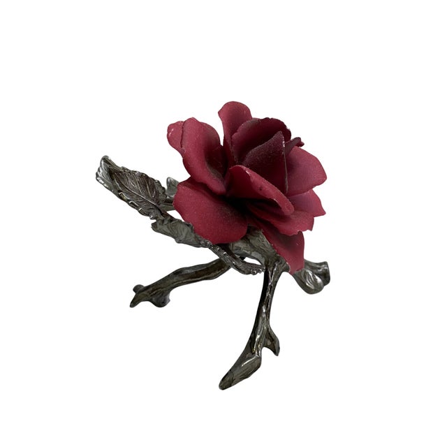 1960s Vintage Capodimonte Porcelain Burgundy Rose on Silver-Tone Branch, Italy For Sale - Image 5 of 5