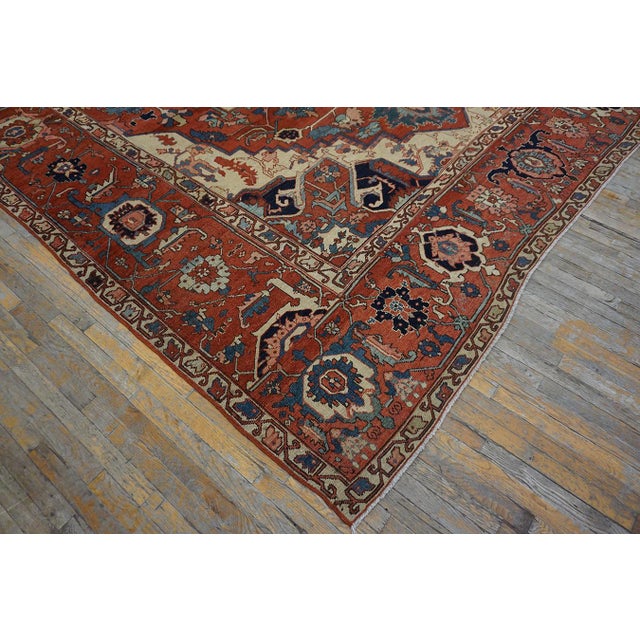 1880s Red Ivory Rustic Medallion Antique Persian Heriz Serapi Rug 11'8" X 14' Handknotted Wool Carpet For Sale In New York - Image 6 of 6
