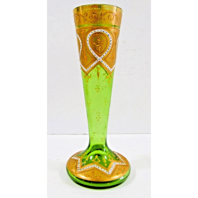 Moser Glassworks Antique Bohemian Moser-Style Green Glass Stick Vase Gold Gilding and Enamel For Sale - Image 4 of 12