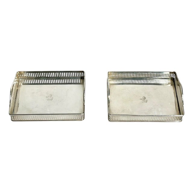 Matched Pair Petite Vintage Silver Plate Gallery Trays With Horse and Crown Monogram 4.25” Length For Sale