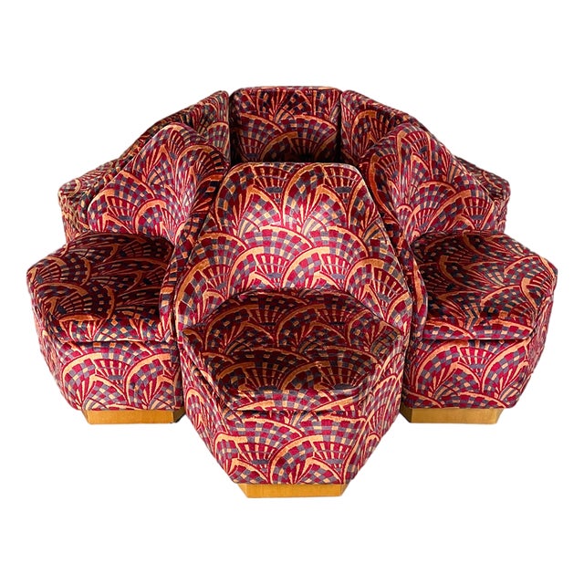 Italian Modular Sofa in Geometric Fabric and Wood, 1970s, Set of 6 For Sale