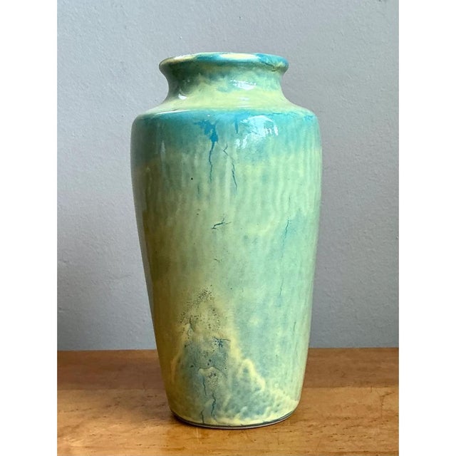 Yellow Vintage Blue and Yellow Glazed Ceramic Vase For Sale - Image 8 of 12