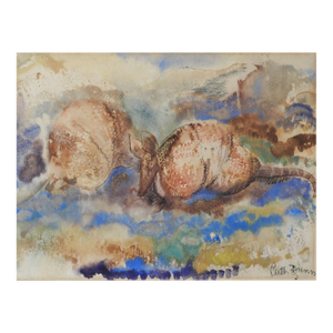Mid 20th Century Ruth Dunn Texas Armadillos Watercolor Painting