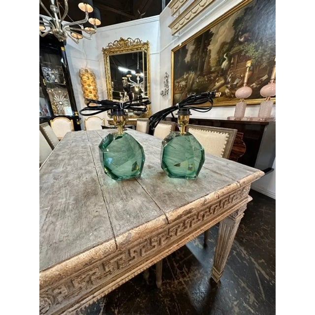 Decorative pair modern polished green Murano Glass cube lamps. Really beautiful and such a gorgeous color!