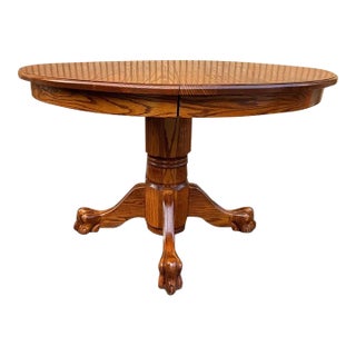 Vintage Chippendale Style Solid Oak Round Table Pedestal Base With 2 Leaves by Tom Seely For Sale