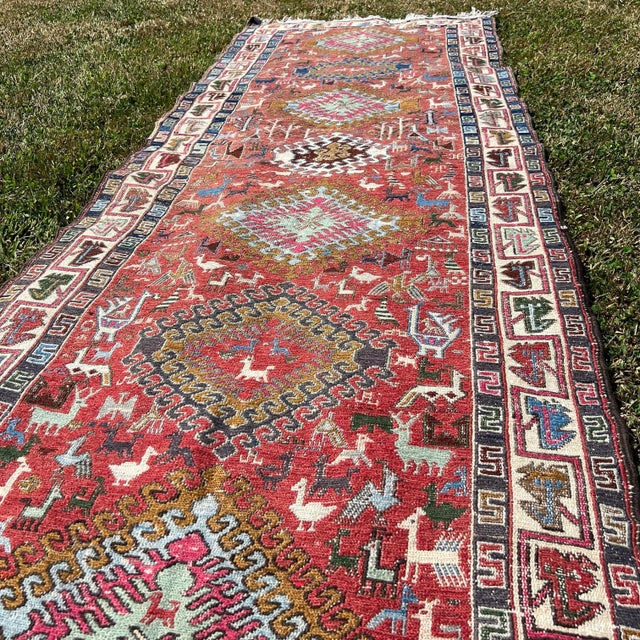 1970s Vintage Animal Figure Pattern Embroidered Soumak Runner Rug For Sale - Image 4 of 10