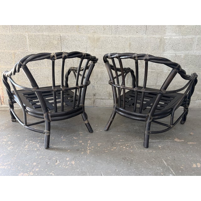 A Pair of Coastal Stylle Rattan Lounge Chairs by McGuire. Circa 1980s. For Sale - Image 9 of 18