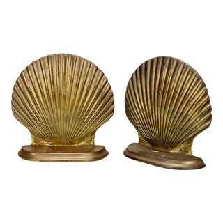 Vintage Hollywood Regency Brass Scallop Shell Bookends - a Pair For Sale