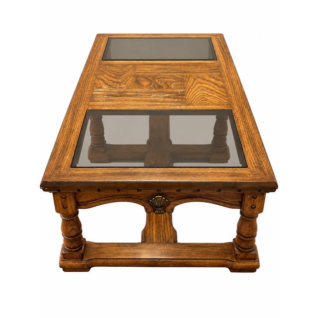 Wood Vintage Mediterranean Revival Parquet-Pattern Wood and Smoked Glass Coffee Table For Sale - Image 7 of 18