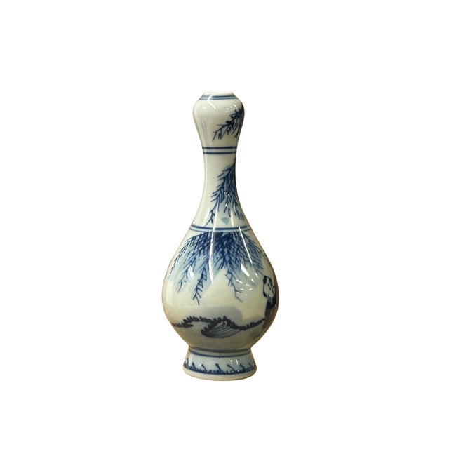 6" Oriental Blue White Scenery Graphic Small Porcelain Art Vase For Sale - Image 4 of 9