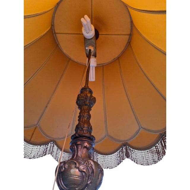 Vintage Table Lamp with Ornamental Brass Base and Leather Shade, 1955 For Sale - Image 12 of 13