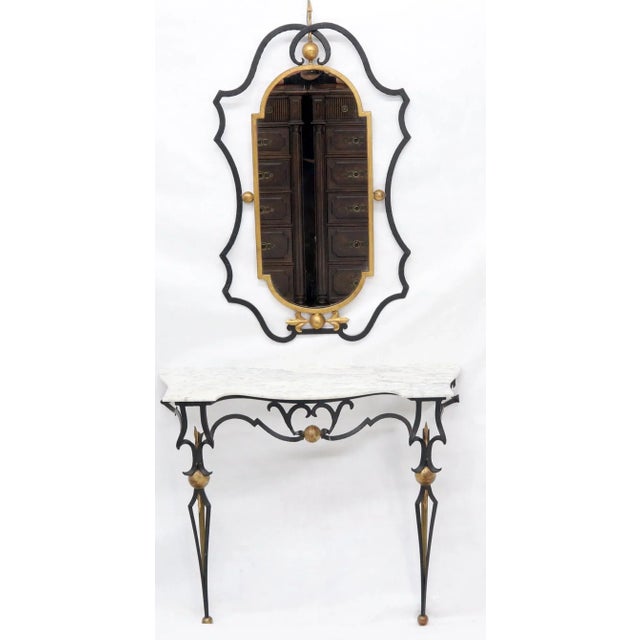 Metal Wrought Iron Figural Marble Top Console Wall Gold Decorated Mirror Set - a Pair For Sale - Image 7 of 13