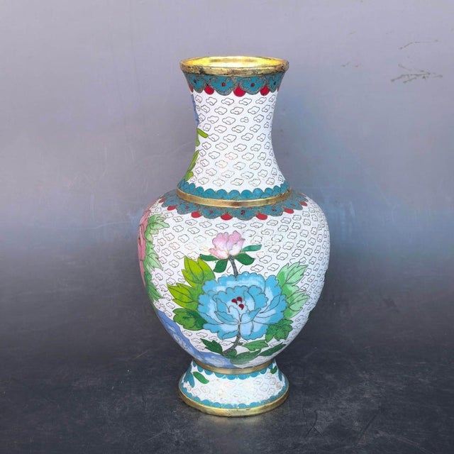 Metal Pair of Vintage Cloisonné Enamel Peony Vases With Bird Motif For Sale - Image 7 of 9