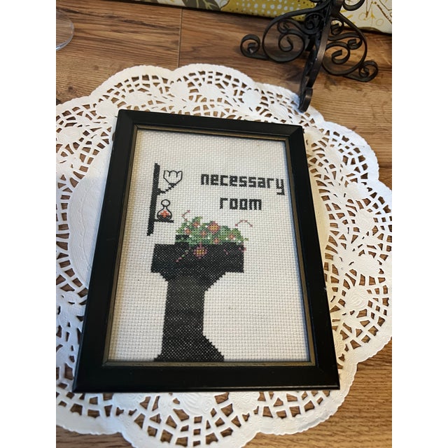 Mid-Century Modern Vintage Small Needlepoint Necessary Room Floral Wall Hanging in Frame For Sale - Image 3 of 6