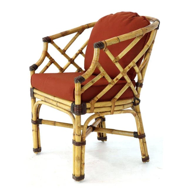 McGuire 7 Pieces Bamboo Dining Set Round Glass Top Table Two Arm Chairs Leather For Sale - Image 11 of 12