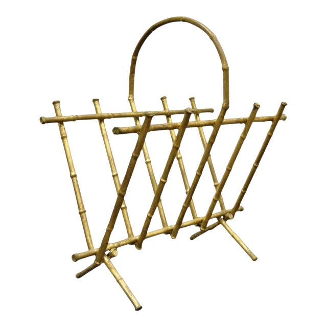 Mid 20th Century Vintage Italian Hollywood Regency Gold Gilt Metal Faux Bamboo Magazine Rack For Sale