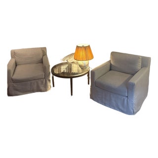 Pair Restoration Hardware Belgian Slipcovered Square Arm Lounge Chairs Linen Skirted For Sale