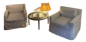 Pair Restoration Hardware Belgian Slipcovered Square Arm Lounge Chairs Linen Skirted