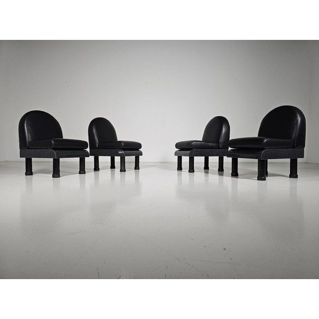 Black Leather Lounge Chairs in the style of Ettore Sottsass, 1980, Set of 4 For Sale - Image 10 of 10