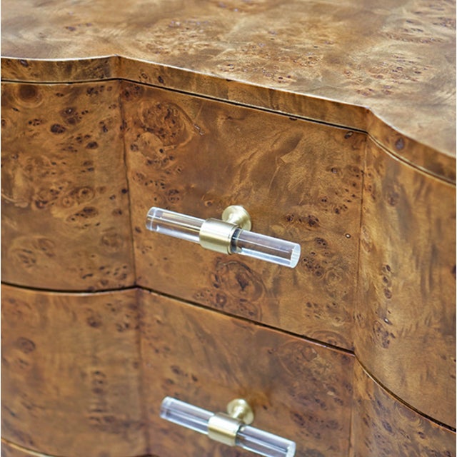Matthew Izzo Home Dark Burlwood Three Drawer Side Table With Acrylic and Brass Drawer Pulls For Sale In New York - Image 6 of 8