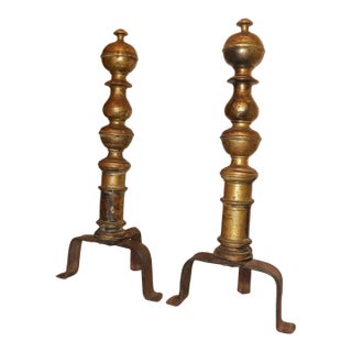 Share Large Pair 18th Century Turned Peened Brass Wrought Iron Fireplace Andirons For Sale