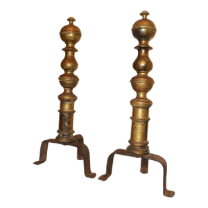 Share Large Pair 18th Century Turned Peened Brass Wrought Iron Fireplace Andirons