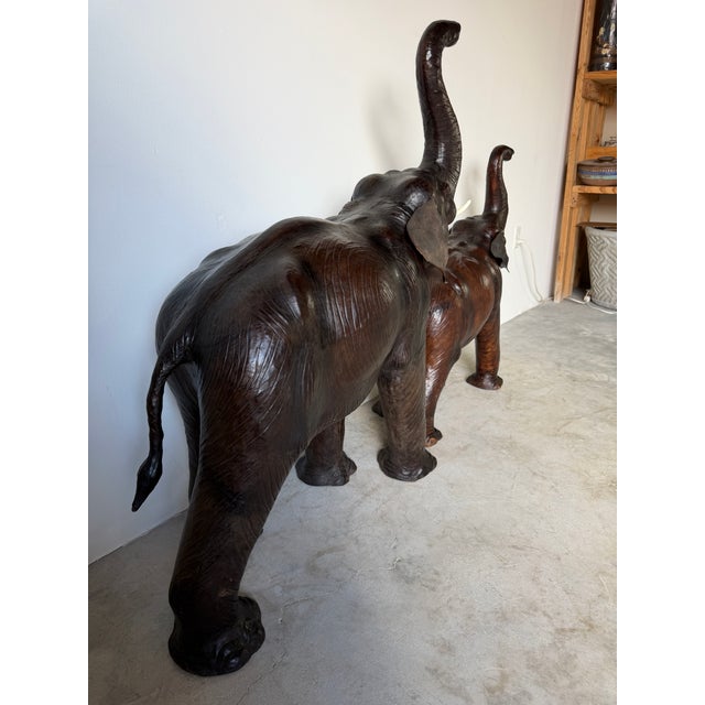 Vintage Safari Style Oversized Leather Elephant Sculptures With Raised Trunks – A Pair For Sale - Image 10 of 18