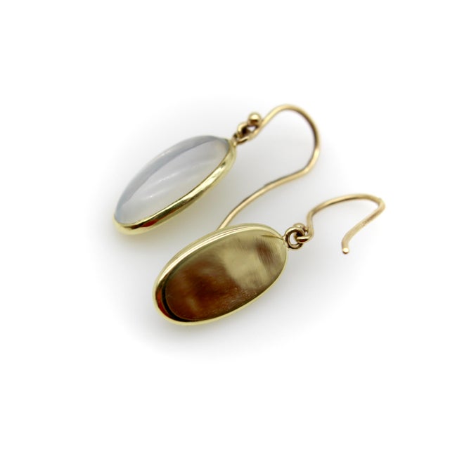 Metal 1900-1909 Pair of Signature 14k Gold Moonstone Cabochon Earrings With Shepherd Hooks For Sale - Image 7 of 9