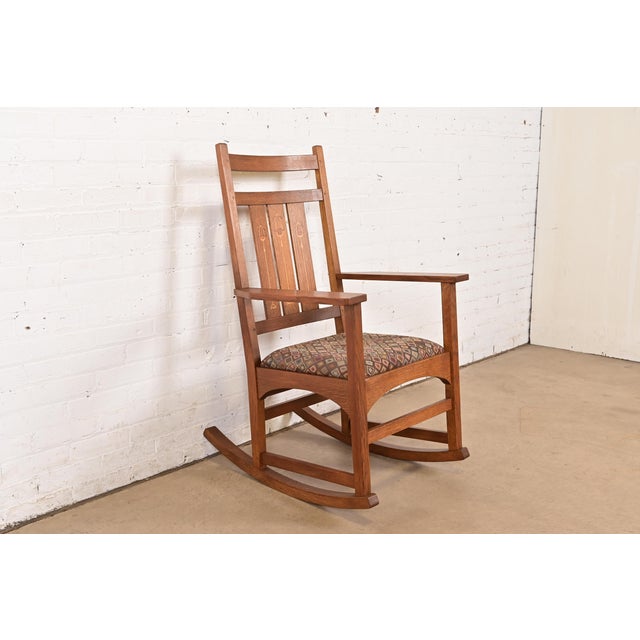 Stickley Harvey Ellis Collection Mission Arts & Crafts Inlaid Oak Rocking Chair For Sale - Image 13 of 13