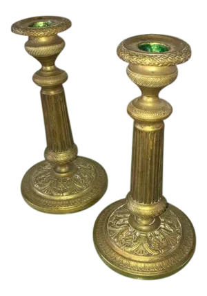 C1810 Antique French First Empire Dore Bronze Candle Holders - a Pair
