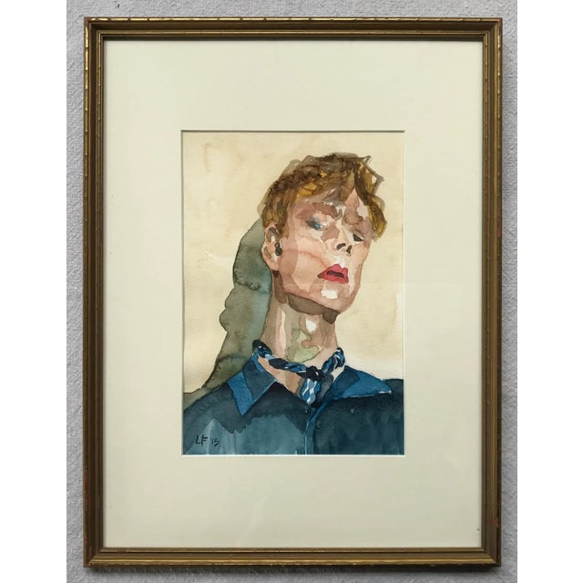 Modern Expressionist Portrait Original Watercolor Painting in Vintage Giltwood Frame For Sale - Image 9 of 11