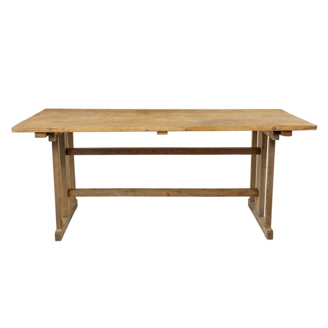 19th century Swedish oak and pine trestle table circa 1880. Fantastic piece of rustic Swedish furniture. Thick 3 plank...