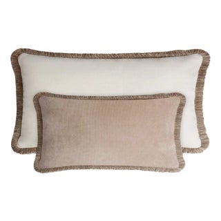 Couple Happy Pillow in Beige and White Velvet with Fringes from Lo Decor, Set of 2 For Sale